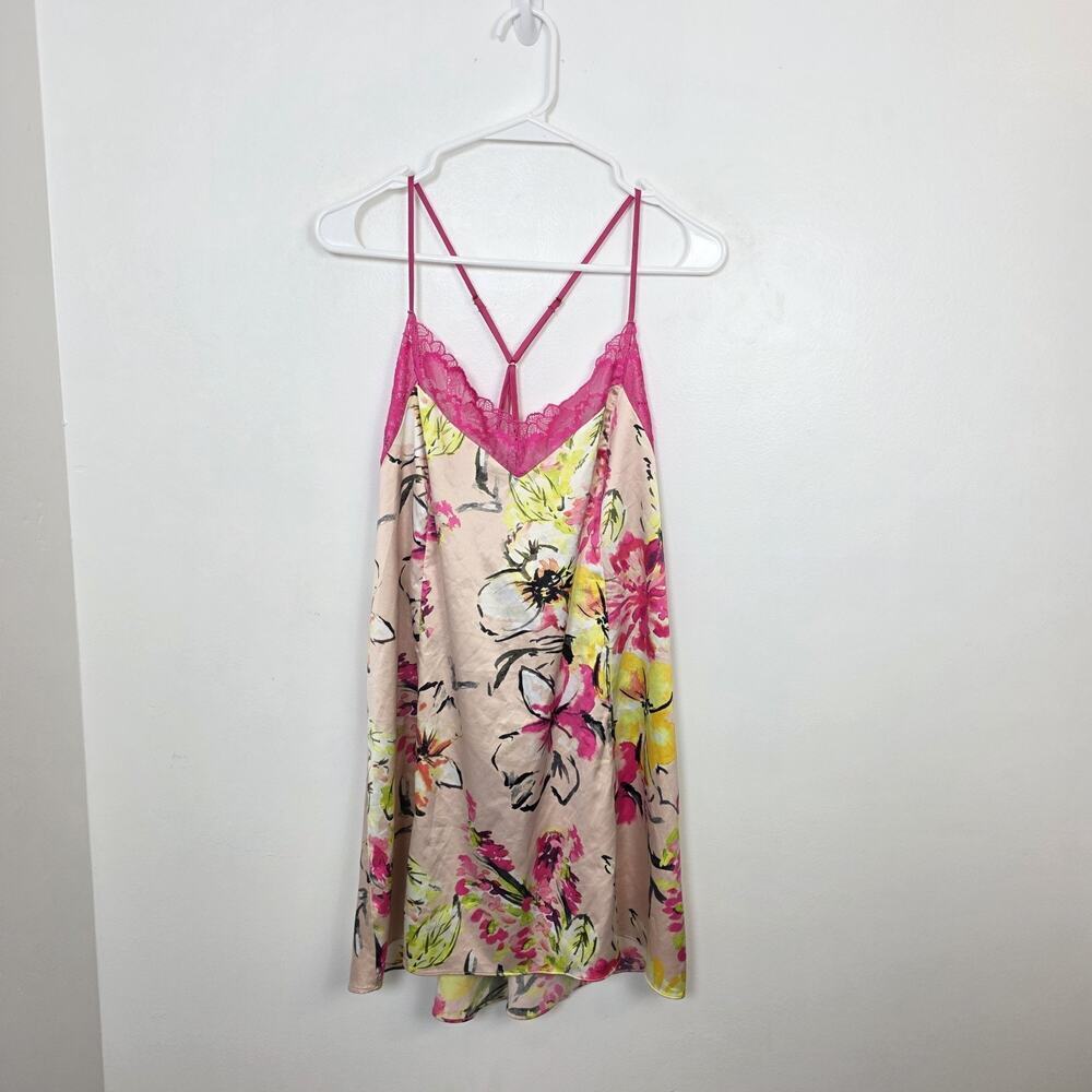 Cacique Pink Yellow Floral Coquette Satin Chemise Lace Trim Tank Top Size 14